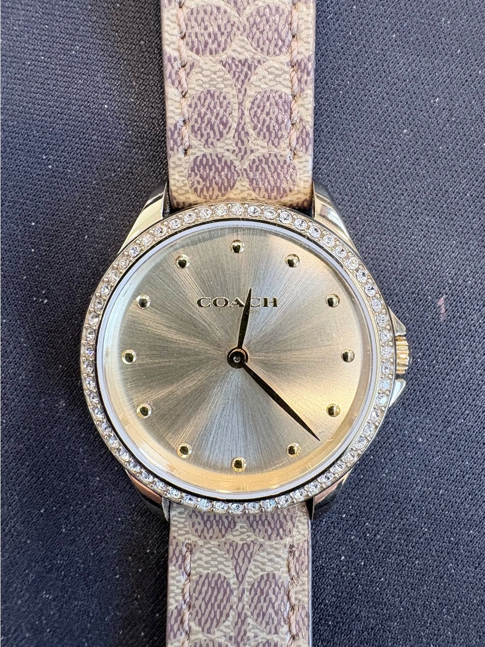 Coach Gold-Tone Crystal Bezel Women's Watch with Beige Signature Canvas Strap